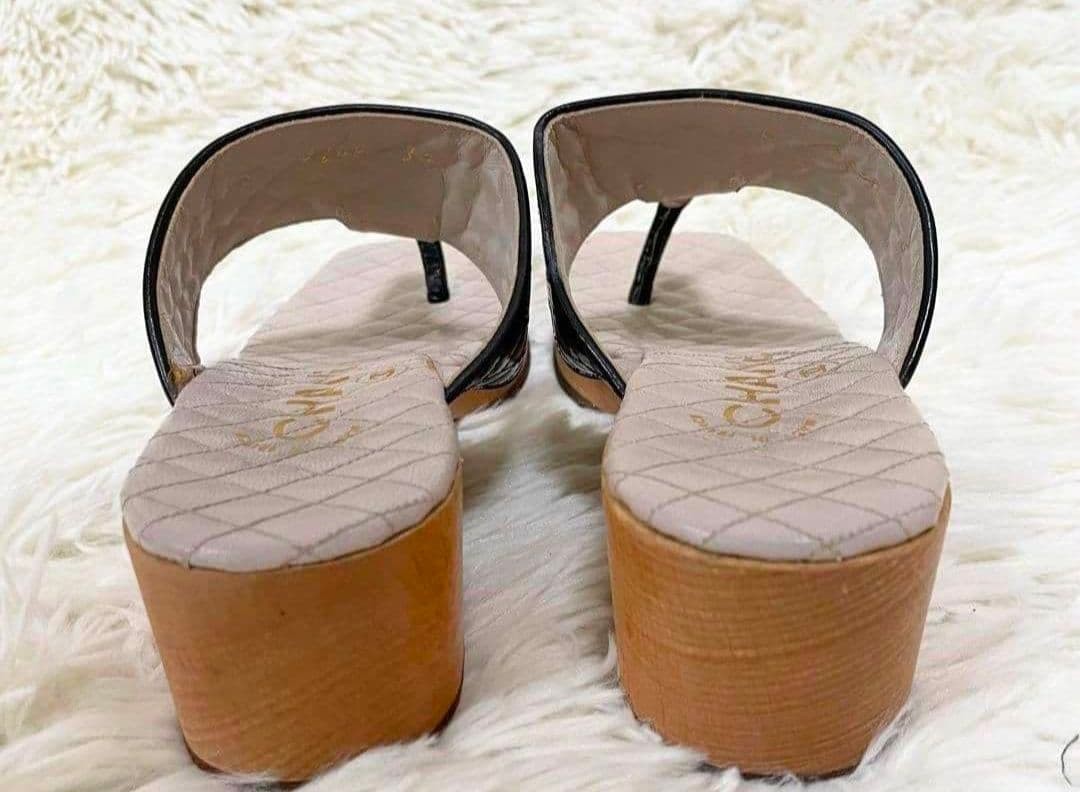 CHANEL Quilted Thong Sandals Size 36 23.5cm Black Wood Sole