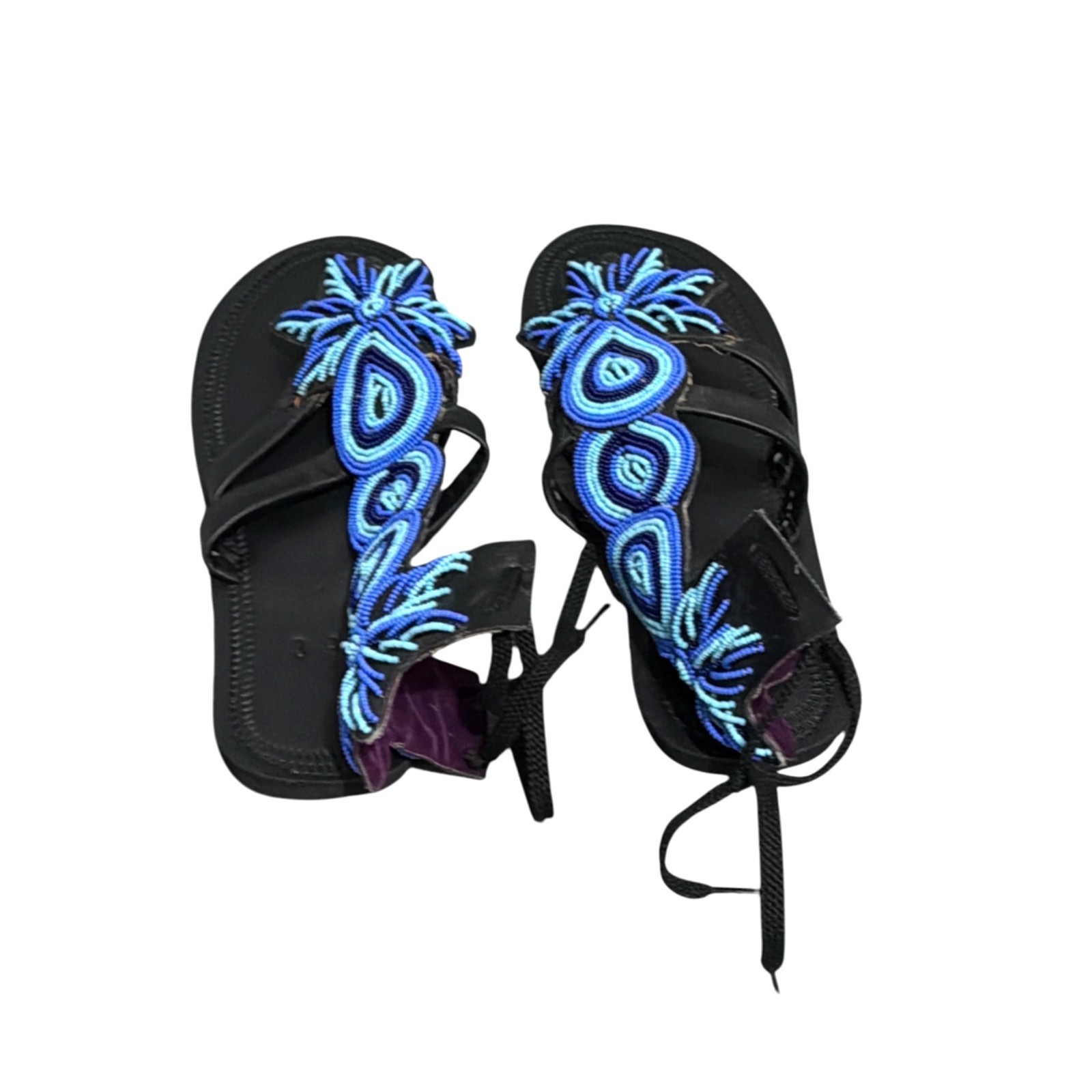 African Sandals Womens 8.5 Black Leather Masai Beadwork Gladiator Tribal Artsy