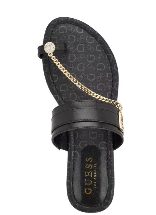 NEW WOMEN’S BLACK LEATHER GOLD CHAIN GUESS FLIP FLOP SANDALS LOCKS 5,6,7,8,9,10