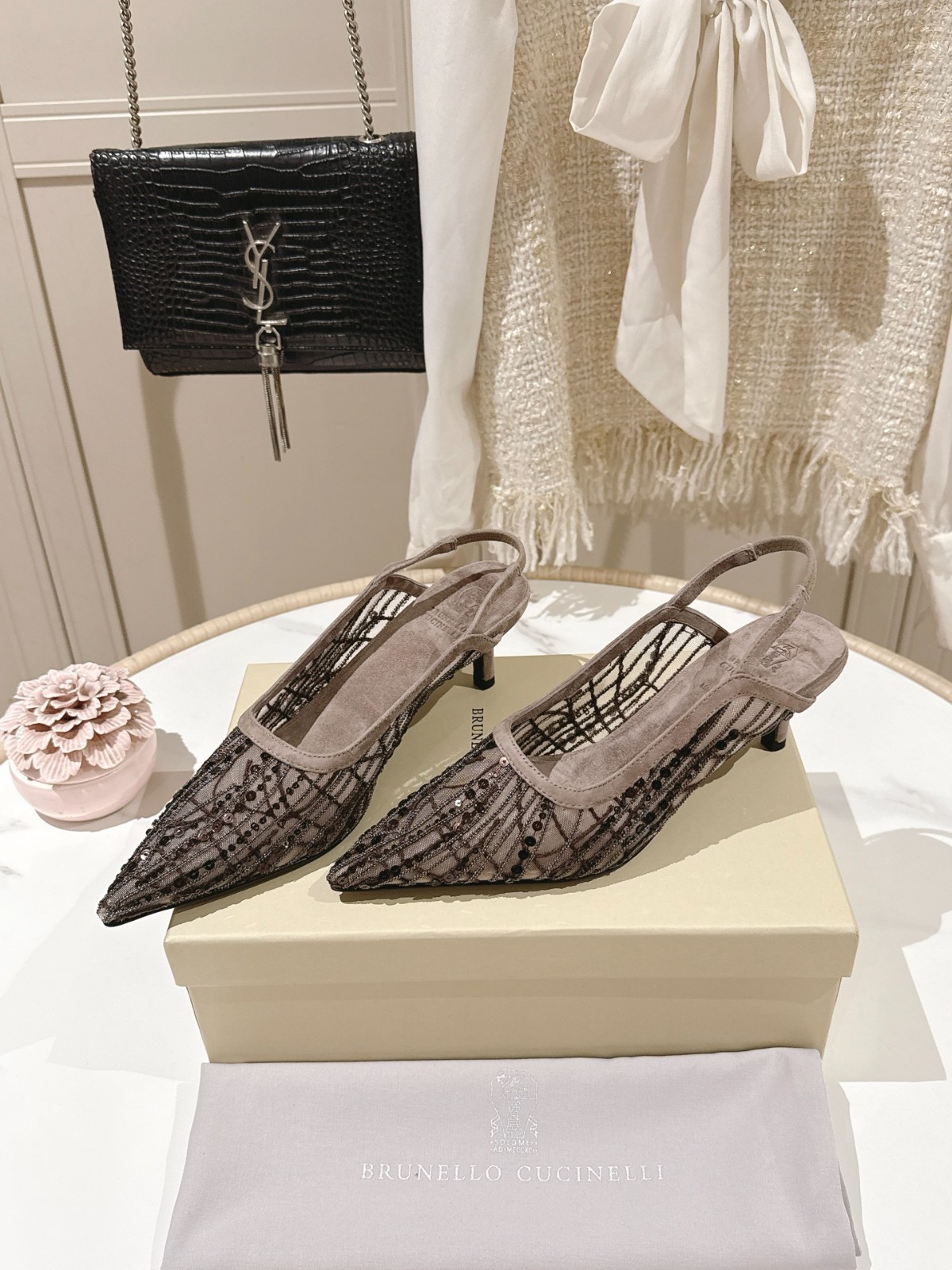 Brunello Cucinelli Luxury Womens Mesh Slingback Flats Brown Size EU 35-42
