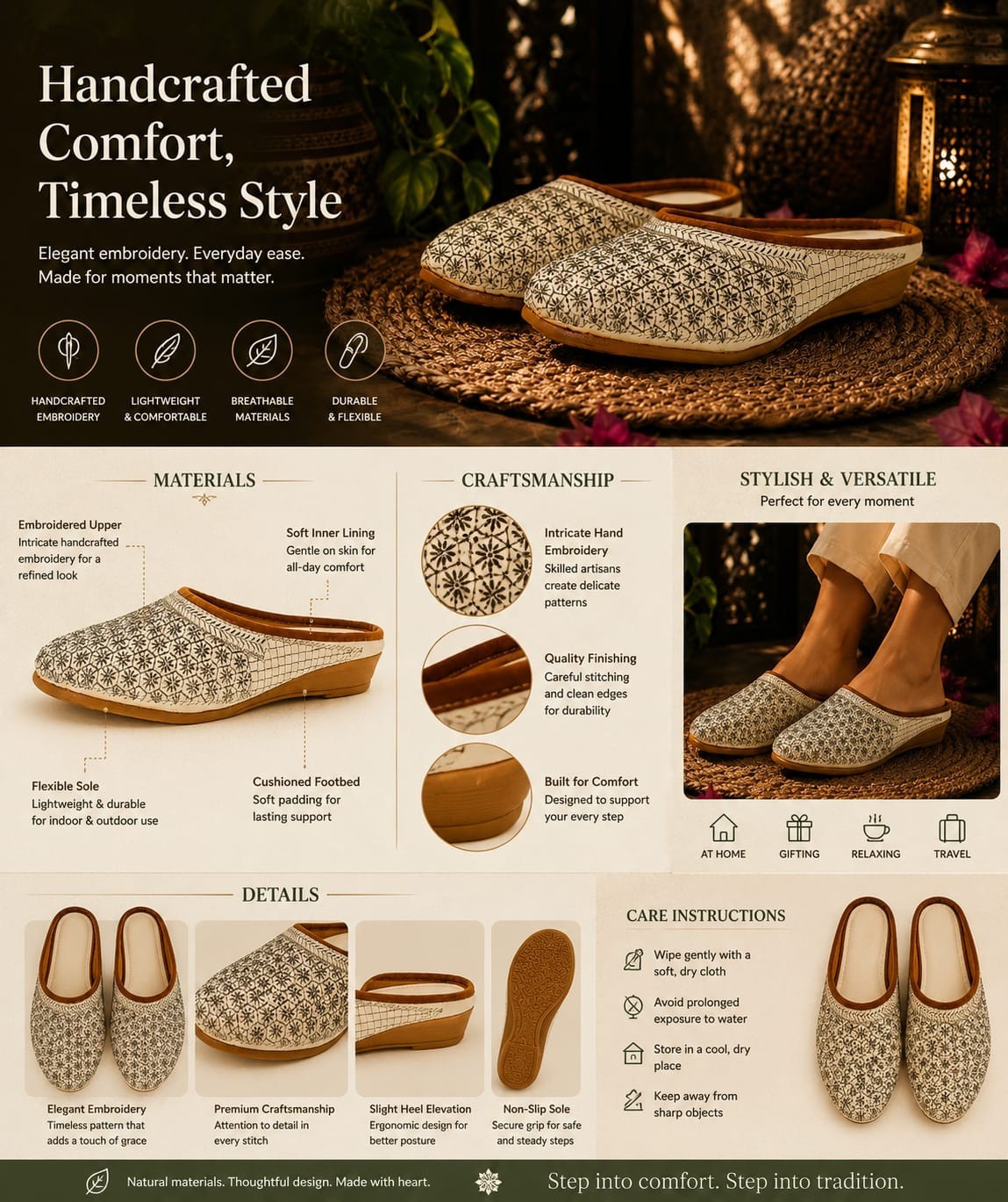 Women’s White Floral Embroidered Boho Mule Flats Slip On Ethnic Jutti Shoes