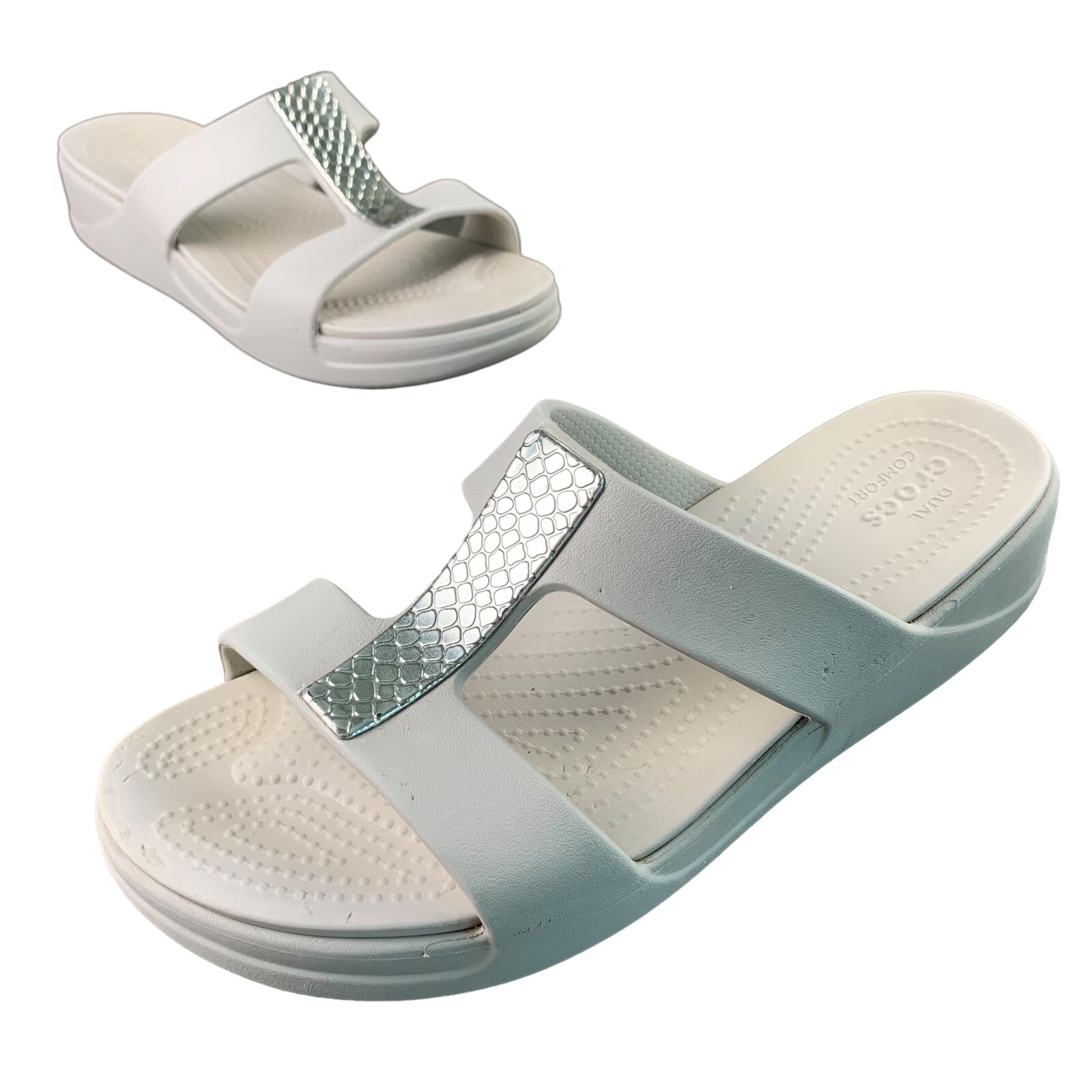 Crocs Size 10 Monterey Metallic Slip on Wedge Silver Gray – Taupe Women’s 206319