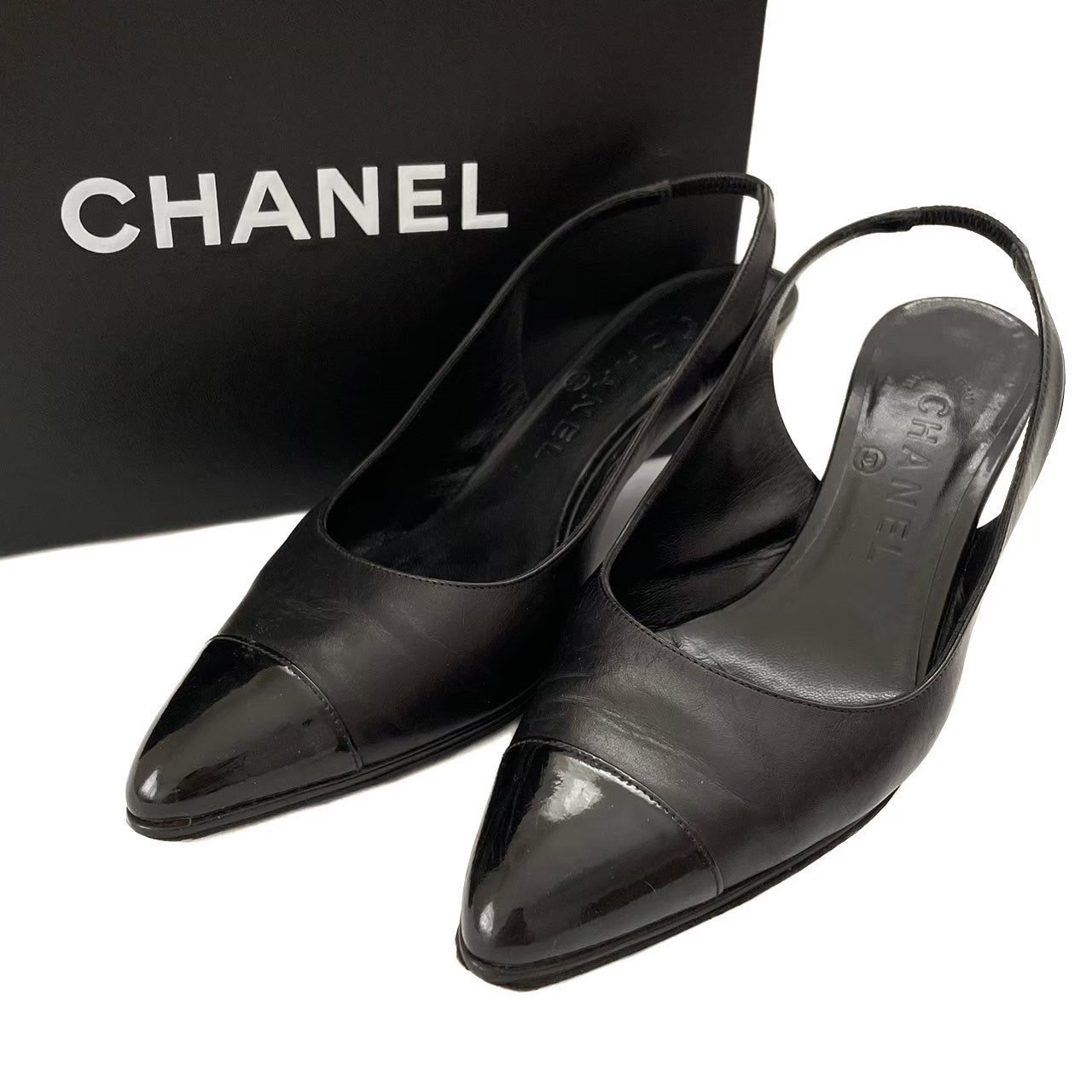 CHANEL Shoes Pumps Heel EU 35.5 US 5.5 Patent Leather Black Authentic