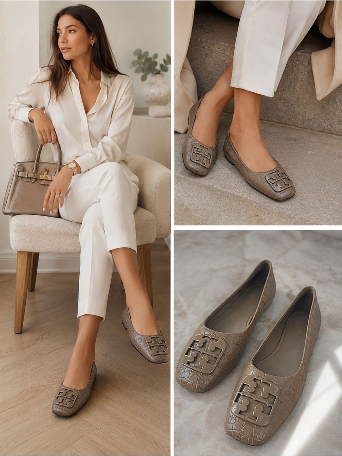 Tory Burch Taupe Croc-Embossed Logo Square-Toe Ballet Flats