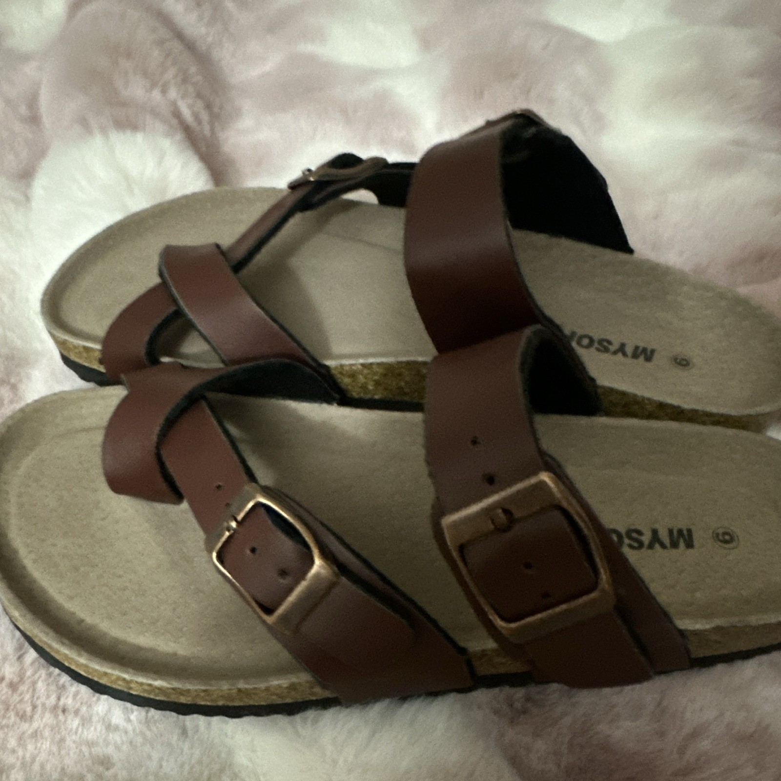 MYSOFT Brown Black Beige Strappy Flat Sandals Buckle Closure Women’s US 6