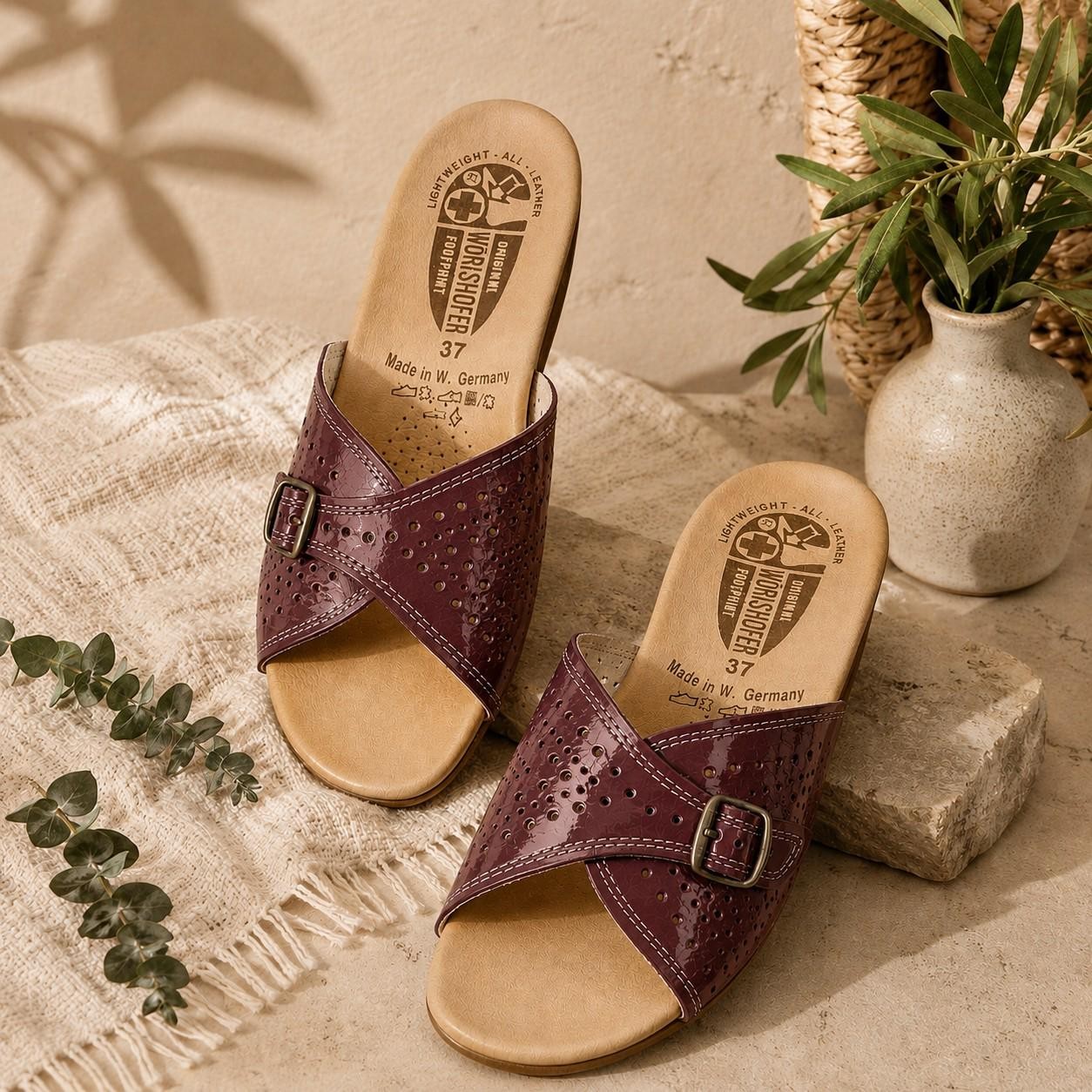 Worishofer Germany Patent Leather Cork Wedge Slides Womens US 6.5 Mauve