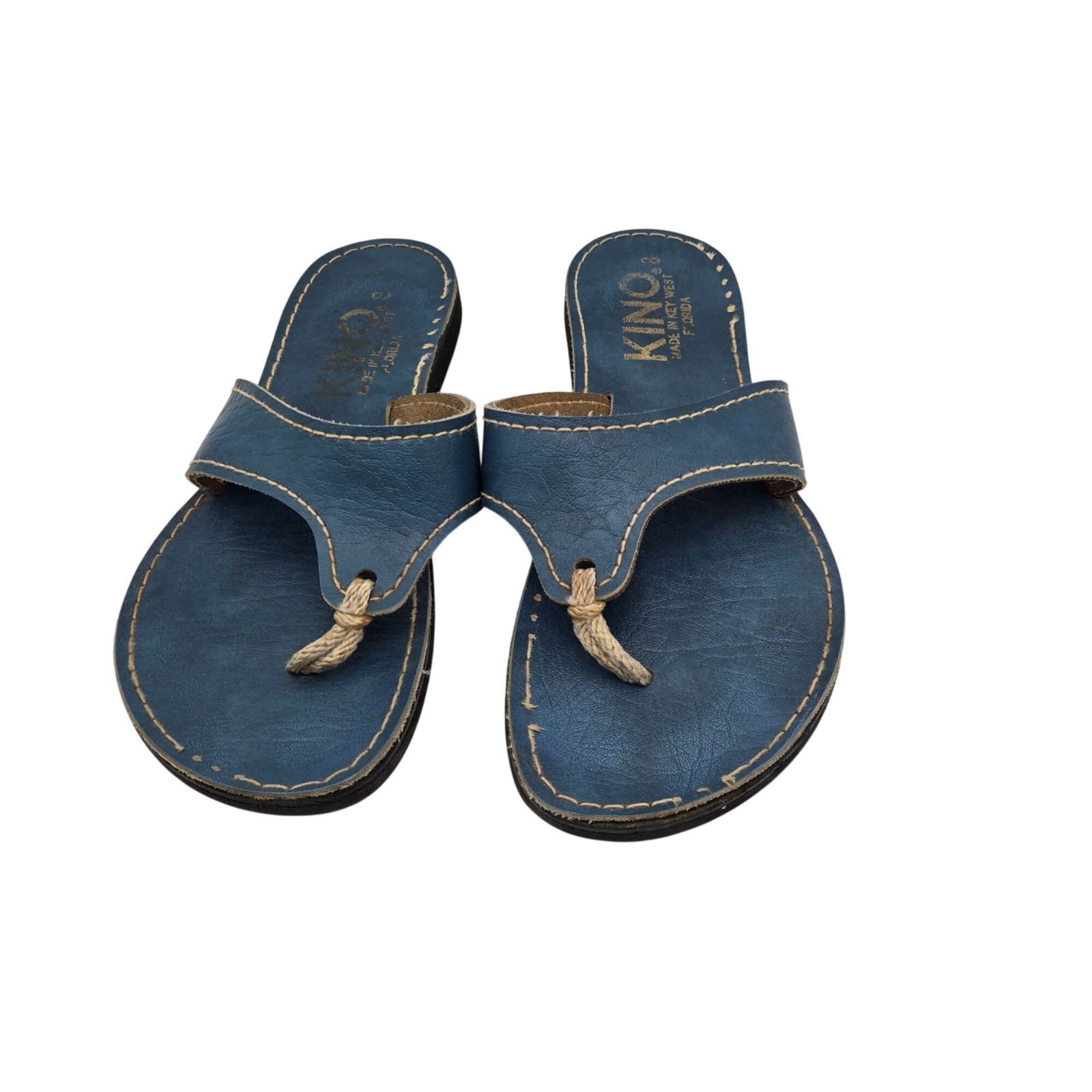 Kino Vintage Blue Leather Flip Flops Size 8 Made In Key West Florida Pre-Owned