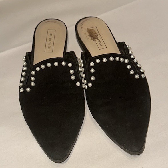 Antonio Biaggi black suede mules pointed toe accented with pearl studs Size 40
