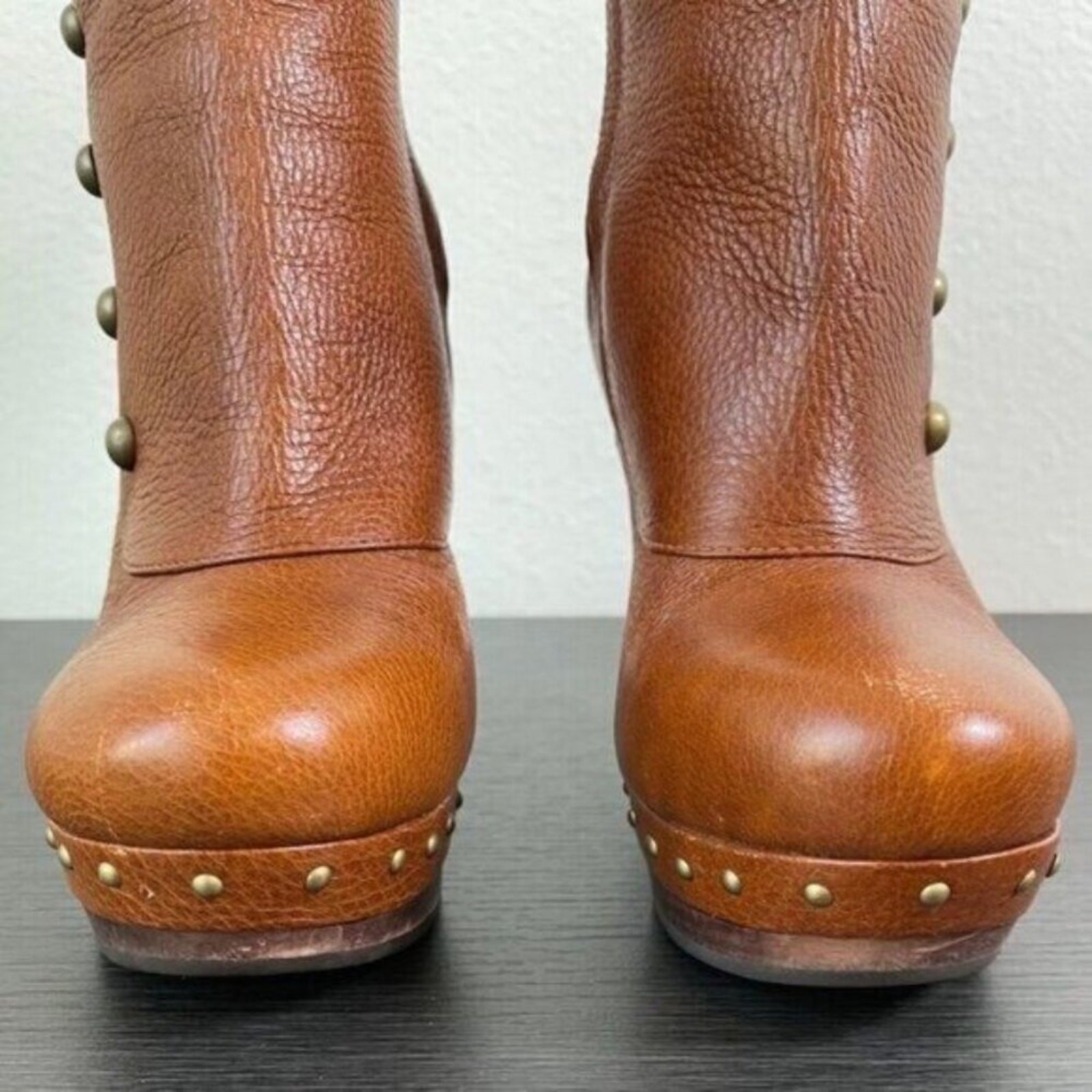 UGG Cosima Studded Brown Leather Heeled Mid-Calf Platform Boots Zip Closure 9.5