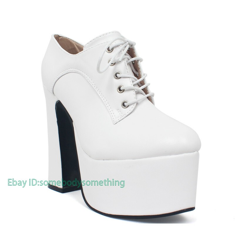 White Chunky Block Heel Platform Shoes Pointed Toe Lace-up 15CM High Thick Heel