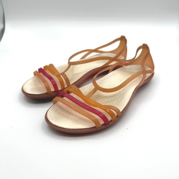 Crocs Isabella Strappy Sandals Women 8 Orange Pink Jelly Comfort Flat Shoe