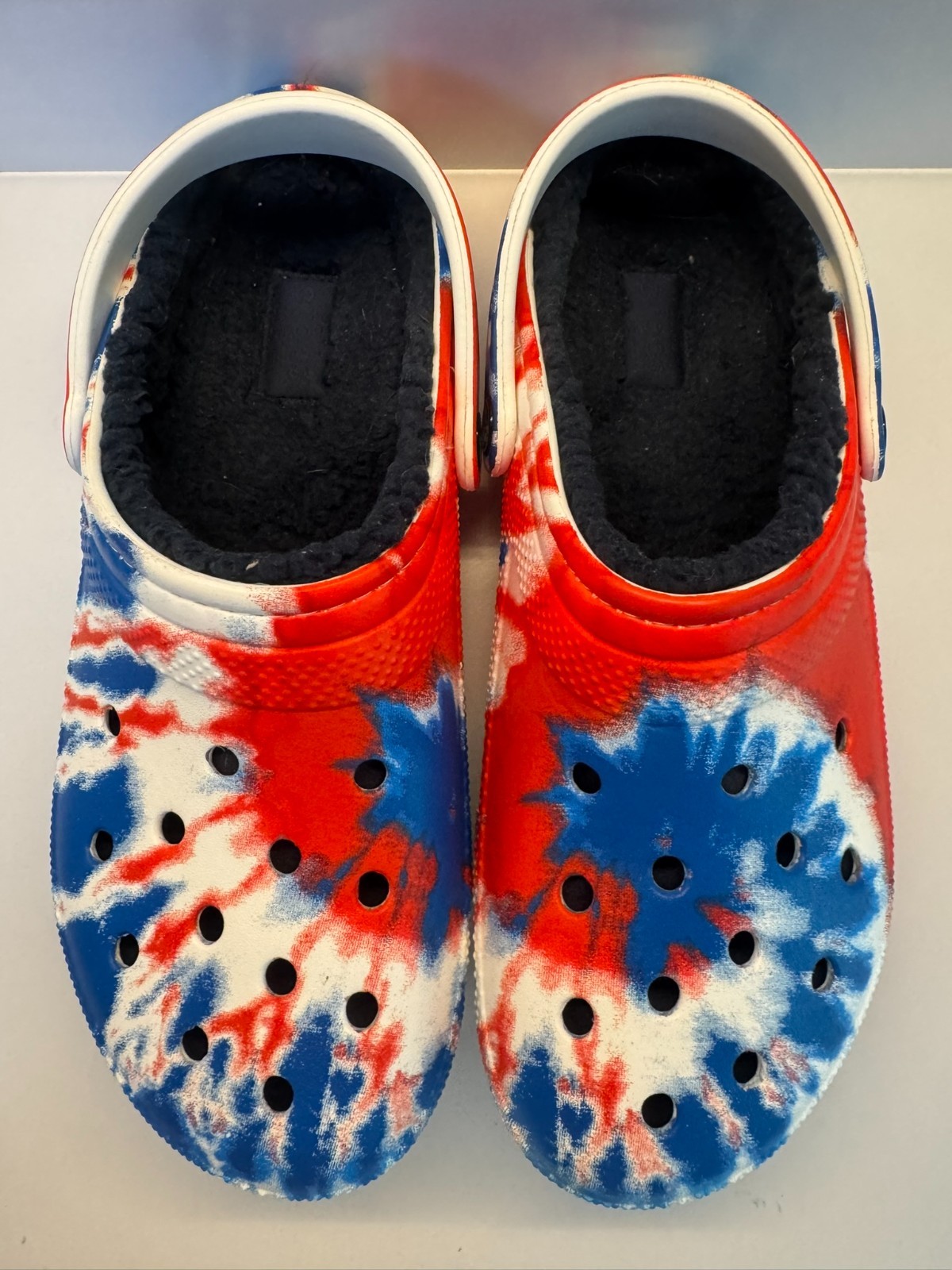 Crocs Classic Lined Tie Dye Clogs, Independence Day, Red White and Blue M-9 W 11