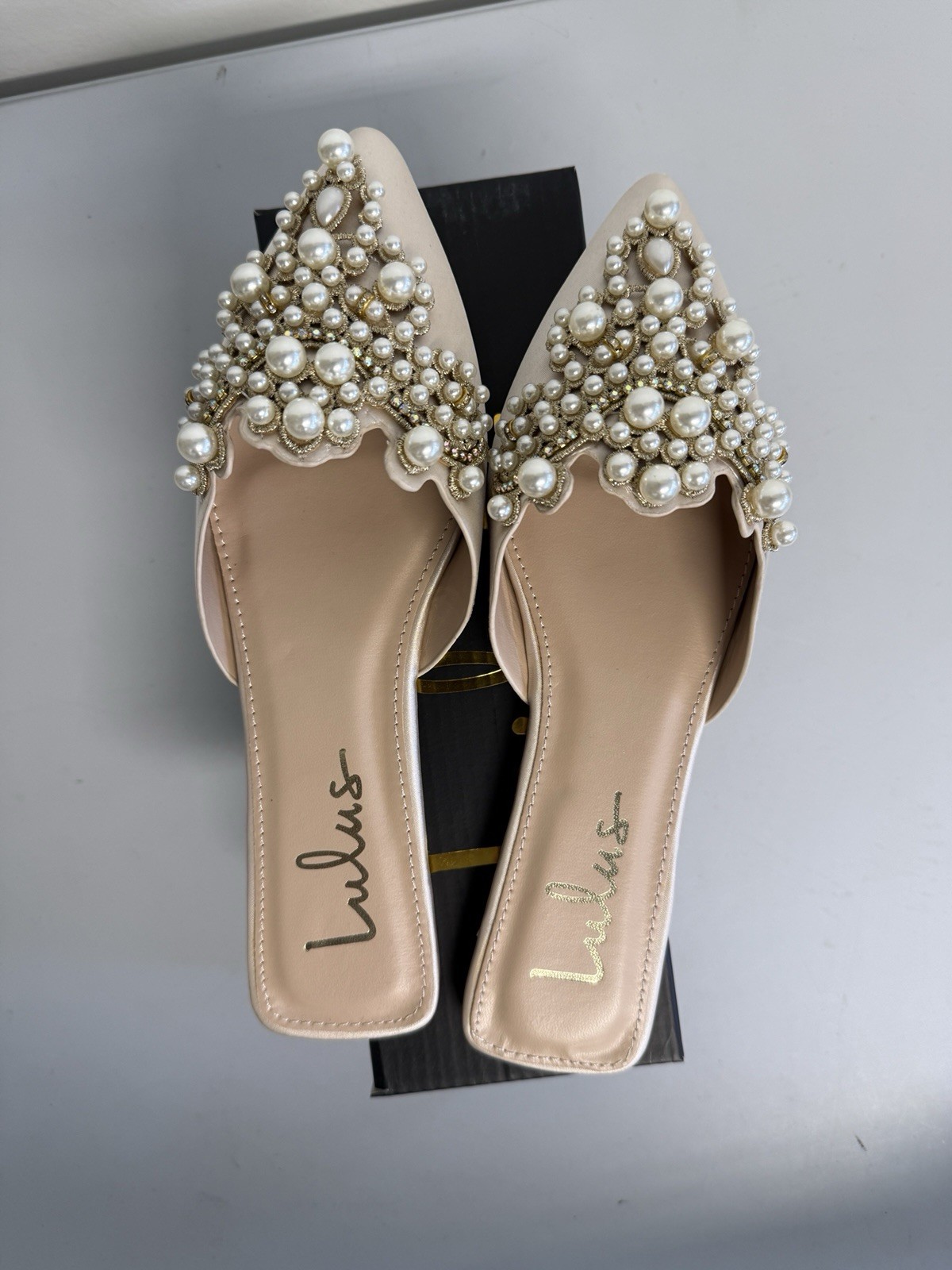 Lulus Flora Ivory Satin Pearl Embroidered Pointed-Toe Flats Womens Size 7