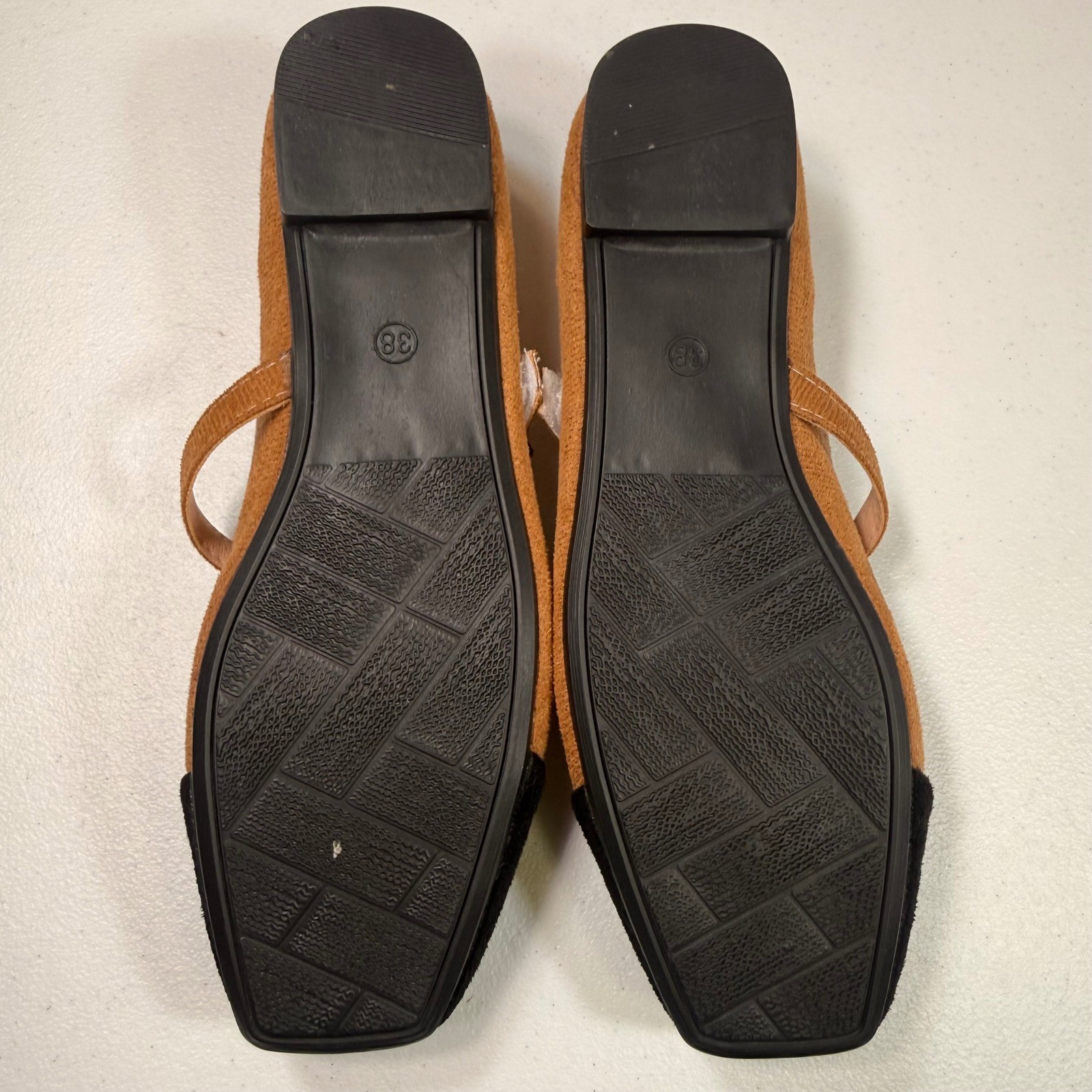 Two Tone Mary Jane Flats Cognac Black Cap Toe Square Toe Buckle Shoes Size 38