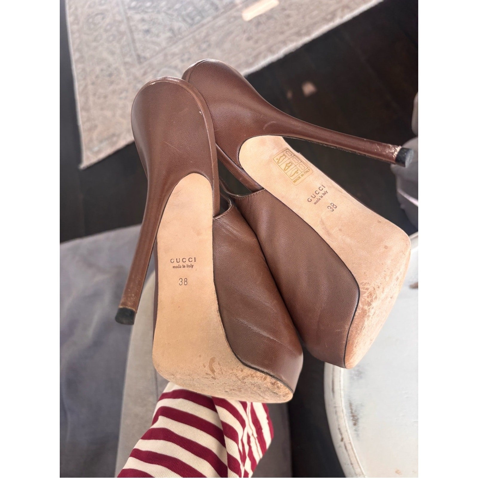 Gucci Brown Leather Peep-Toe Slingback Stiletto Heels