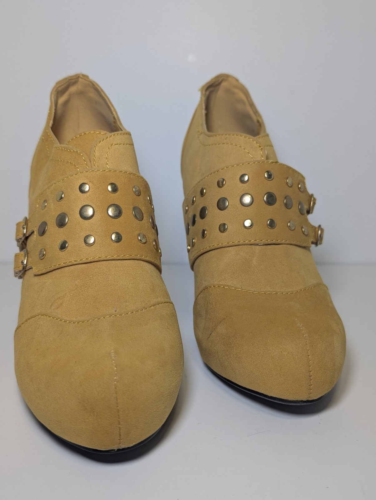 Liliana Mustard Yellow Suede Stiletto Booties Buckle Studded Ankle Shoes Size 8