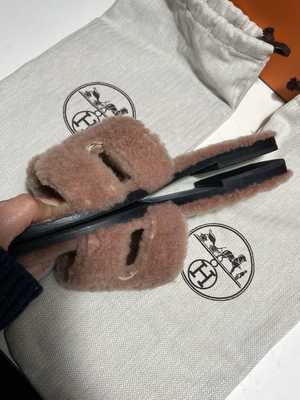 Hermes Teddy Shearling Fur Oran Sandals Size 36 With Box And Bags
