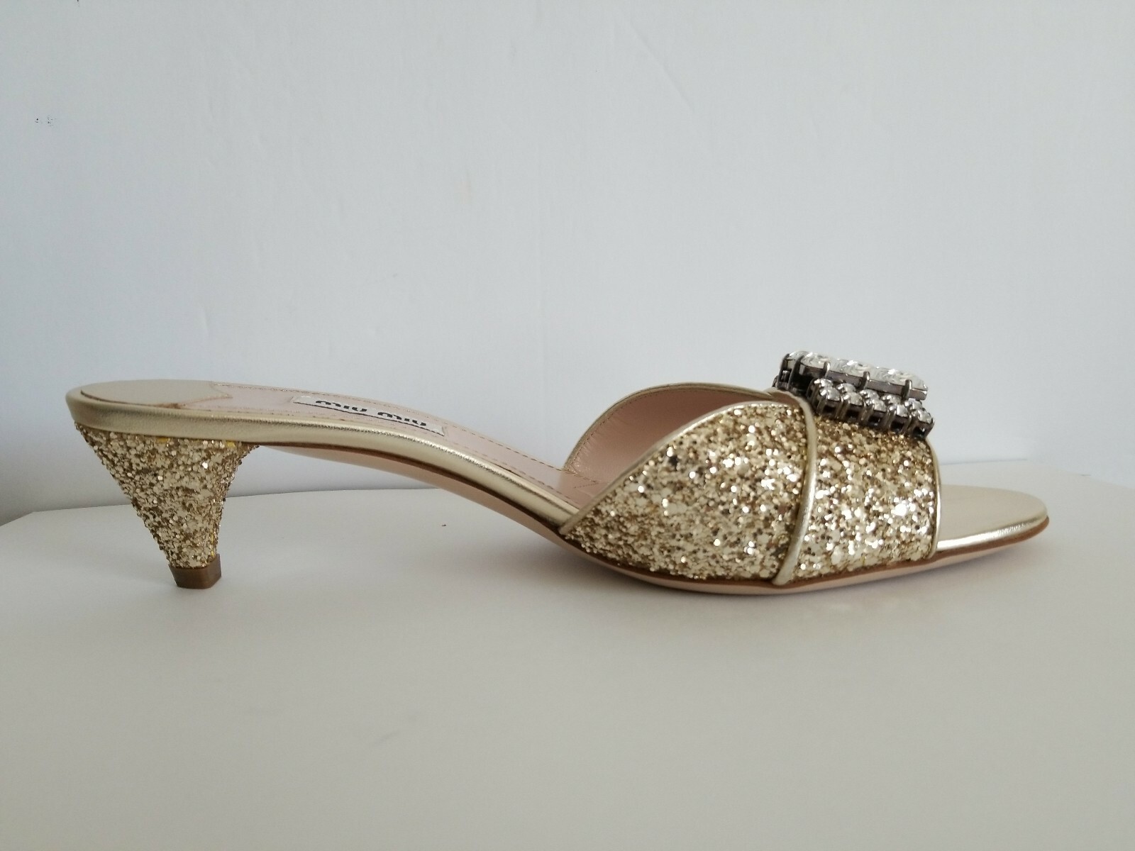 MIU MIU GOLD GLITTER SWAROVSKI CRYSTALS WEDDING MULES SLIDES EU 39 I LOVE SHOES