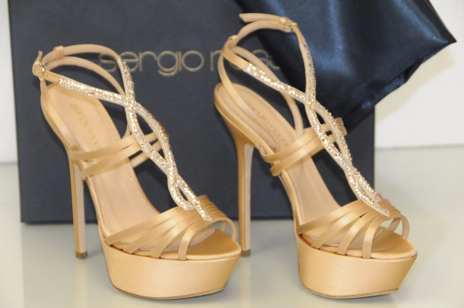 $975 New Sergio Rossi NUDE Satin ROYAL STRASS Crystals Platform Shoes Wedding 41