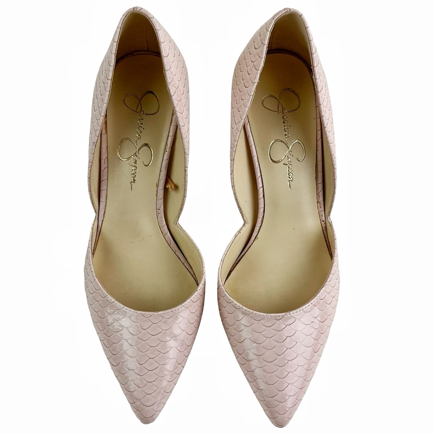 Jessica Simpson D’Orsay Stiletto Heels Pumps Sz 9 Pale Pink Snake Scales Pointed