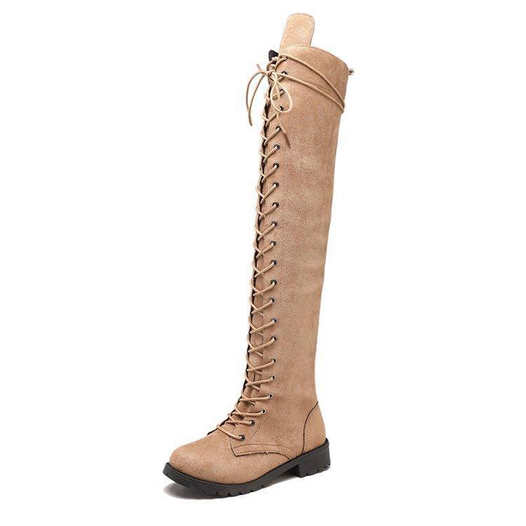 Womens Fashion Casual Youth Retro Gothic Low Heel Lace Up Knee High Riding Boots