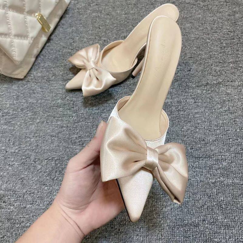 Womens High Heels Leopard Big Bowknot Pointy Toe Slipper Slip On Party Shoes New