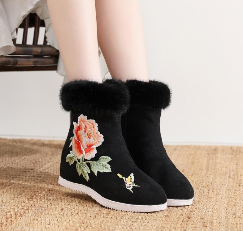 Fall/ Winter Women Chinese Folk Fleece Boots Embroidered Flower Flat Shoes Warm