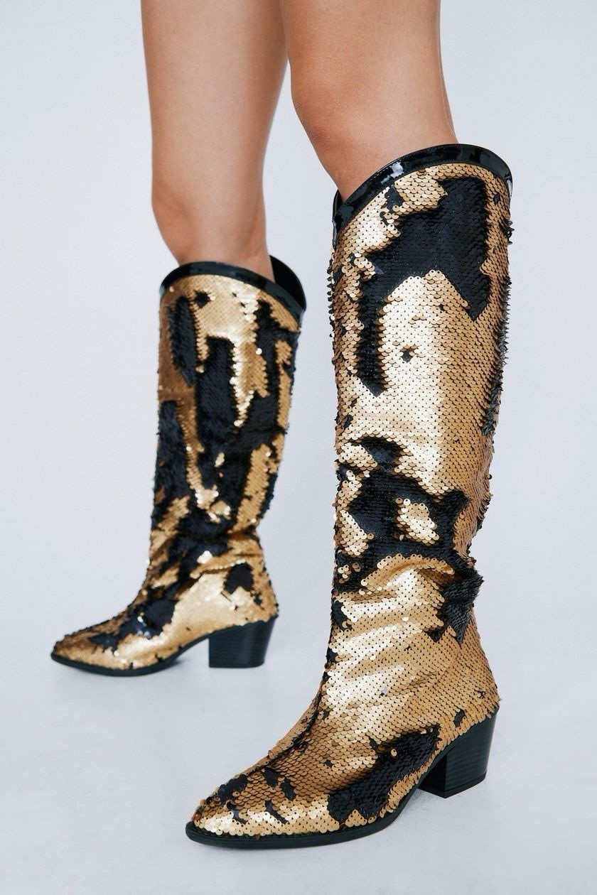 FSJ Shoes Gold & Black Pointed Toe Chunky Heel Shoes Knee Sequin Cowboy Boots