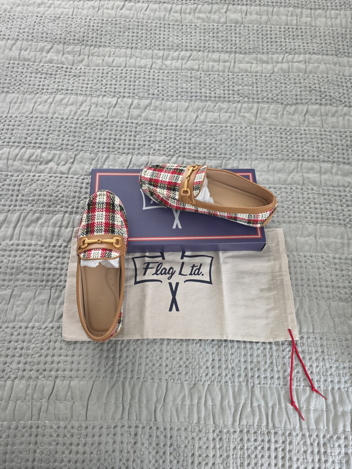 Flag LTD Women’s Morgan Penny Loafer Flats Cream Plaid Textile Leather S 6.5