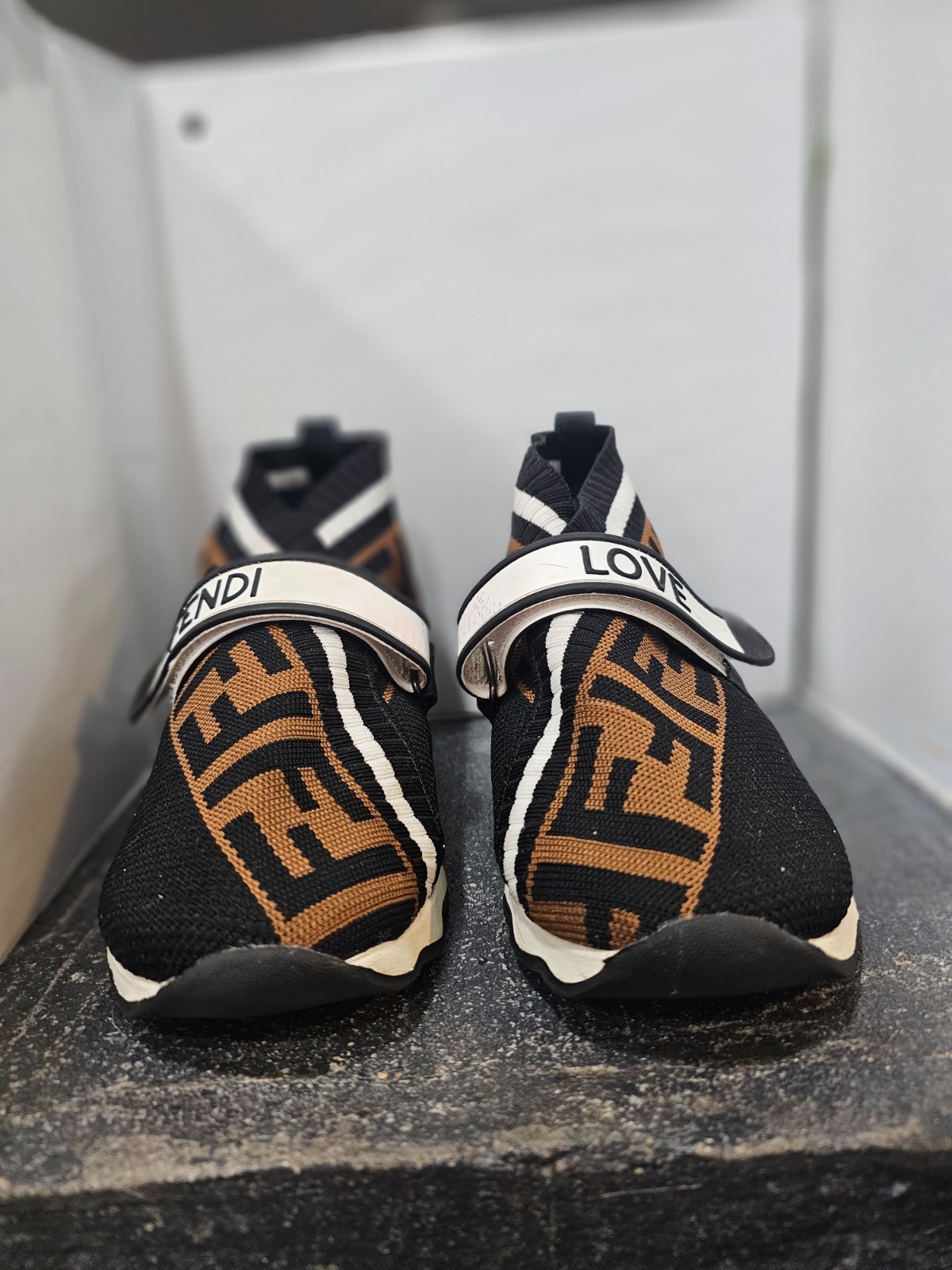 Fendi Rockoko Sock Sneakers Black Brown Logo Knit «LOVE» Strap Women’s Size 38