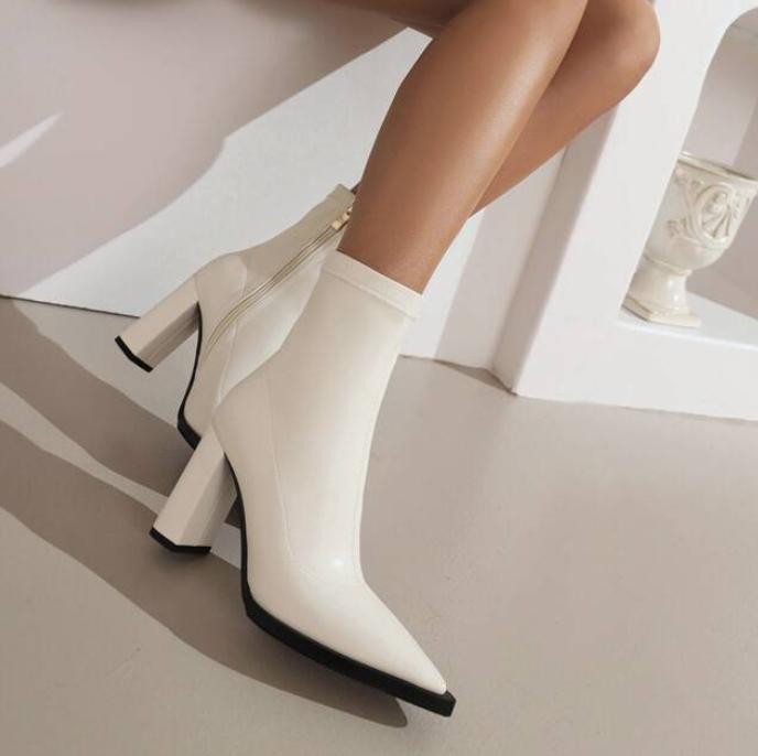 Womens Formal Leisure Ankle Boots Block Heels Pointed Toe Faux Leather Zip Shoes