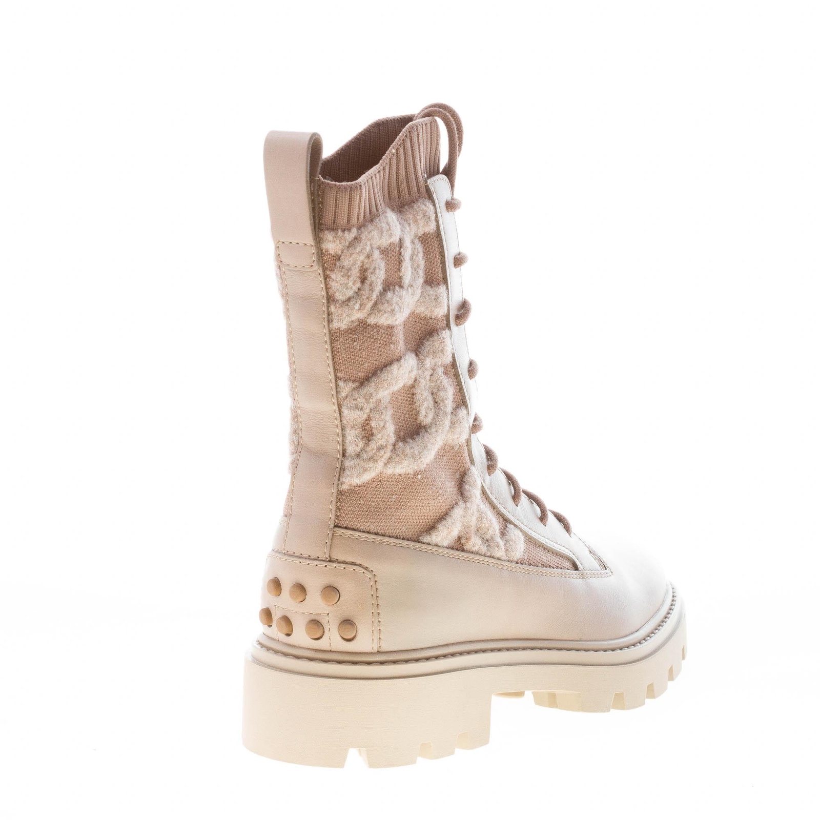 TOD’S women shoes Kate laced combat boot natural leather elasticized knit fabric