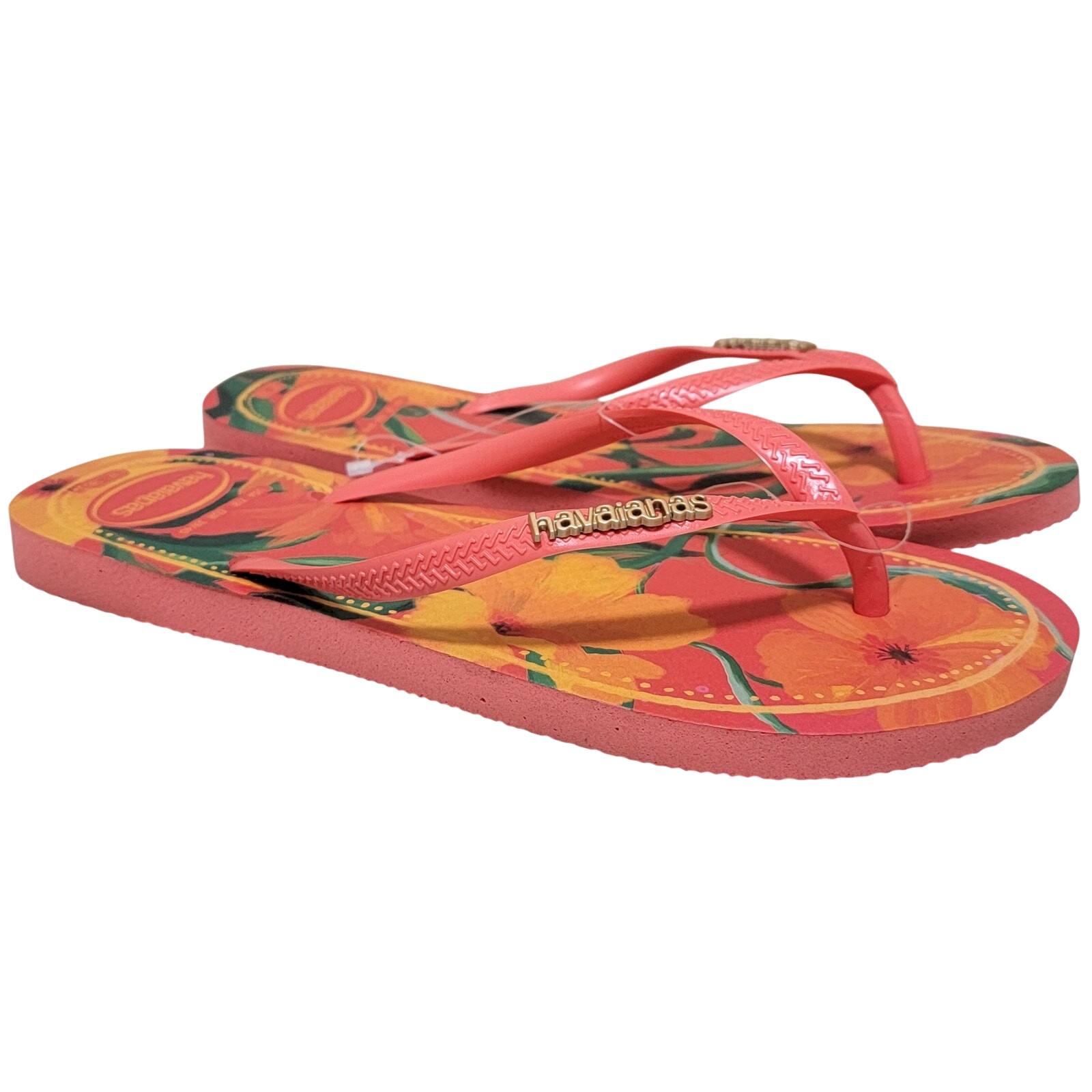 Havaianas Women Flip Flop Sandals Slim Tropical Size US 7/8 Coral Pink Floral