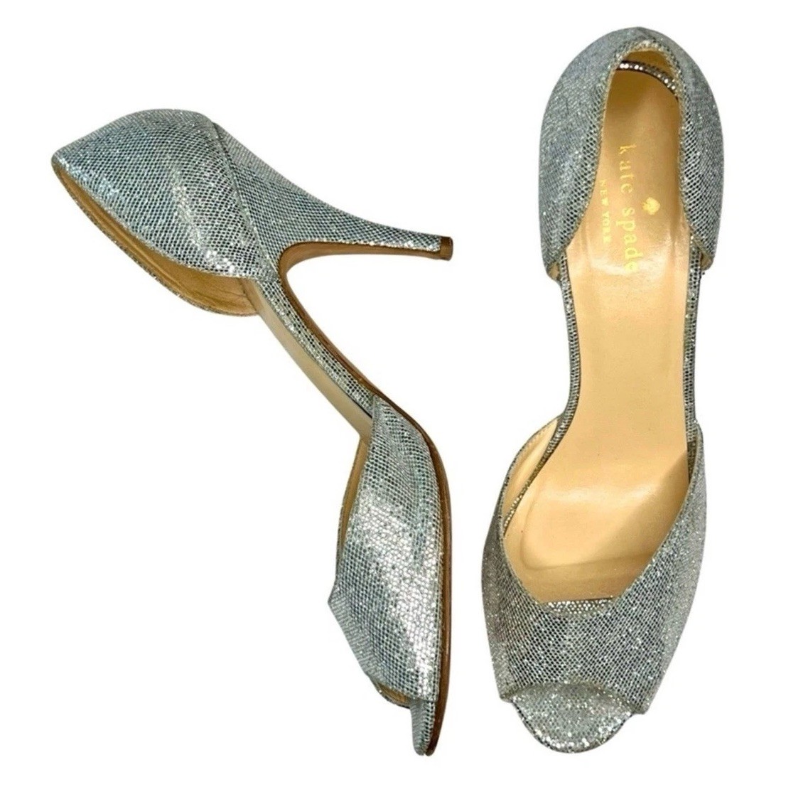 kate spade Heels Glitter Sage D’Orsay Peep Toe Pumps Sparkly Silver Starlight 9