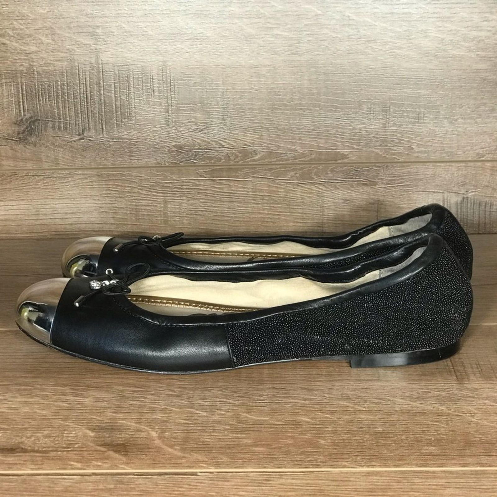 Sam Edelman Black Ballet Flats Womens 7.5 M Chrome Cap Toe Slip On Casual Travel