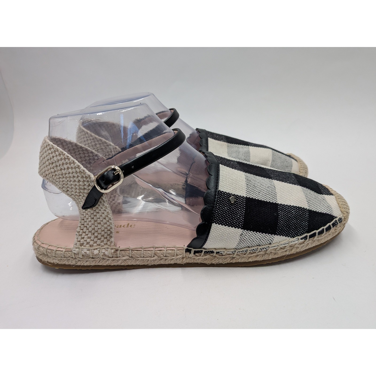 Kate Spade Bonnie Espadrille Sandals Women 10B Black White Gingham Buckle Strap