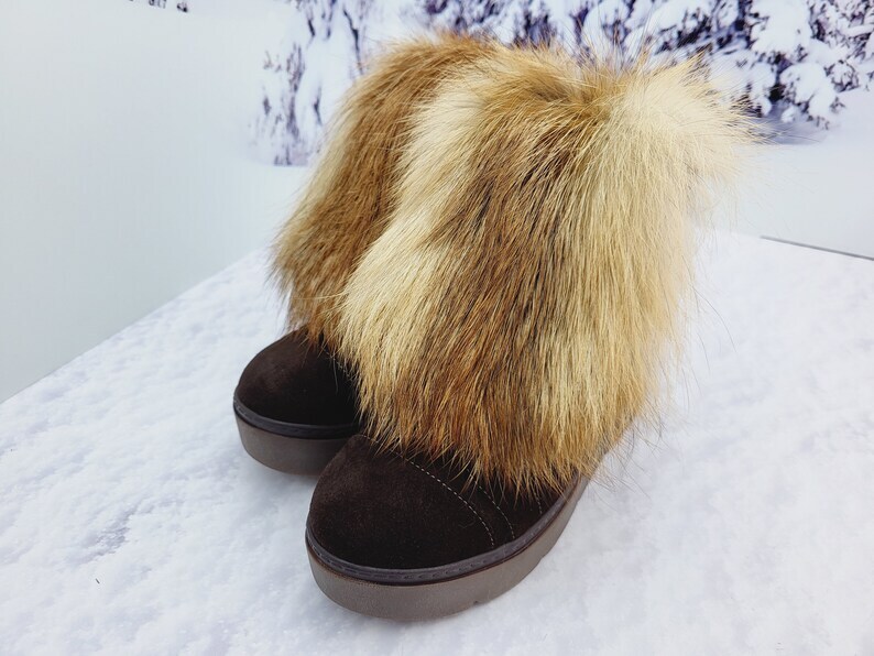 Women’s Brown Suede Ankle-High Fox Fur Boots, Handmade by LITVIN