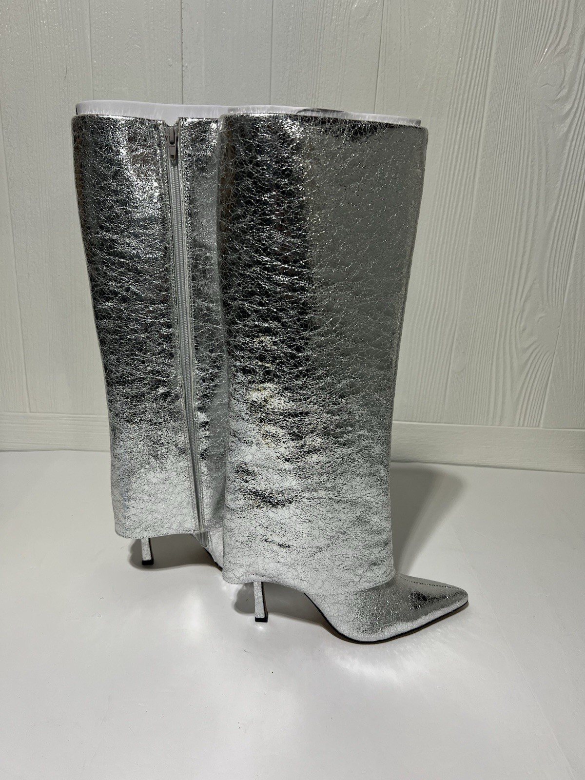 The Drop Women’s Jolene Fold Over Tall Boot Size 7 Sliver Crackle 3.6 “ Heel