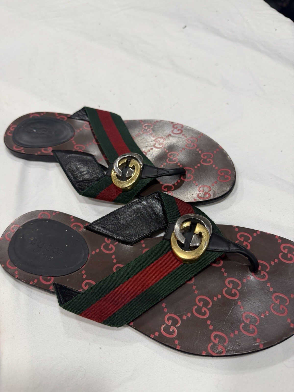 Gucci GG Logo Web Stripe Thong Sandals Brown Red Green Black US 8 EU38