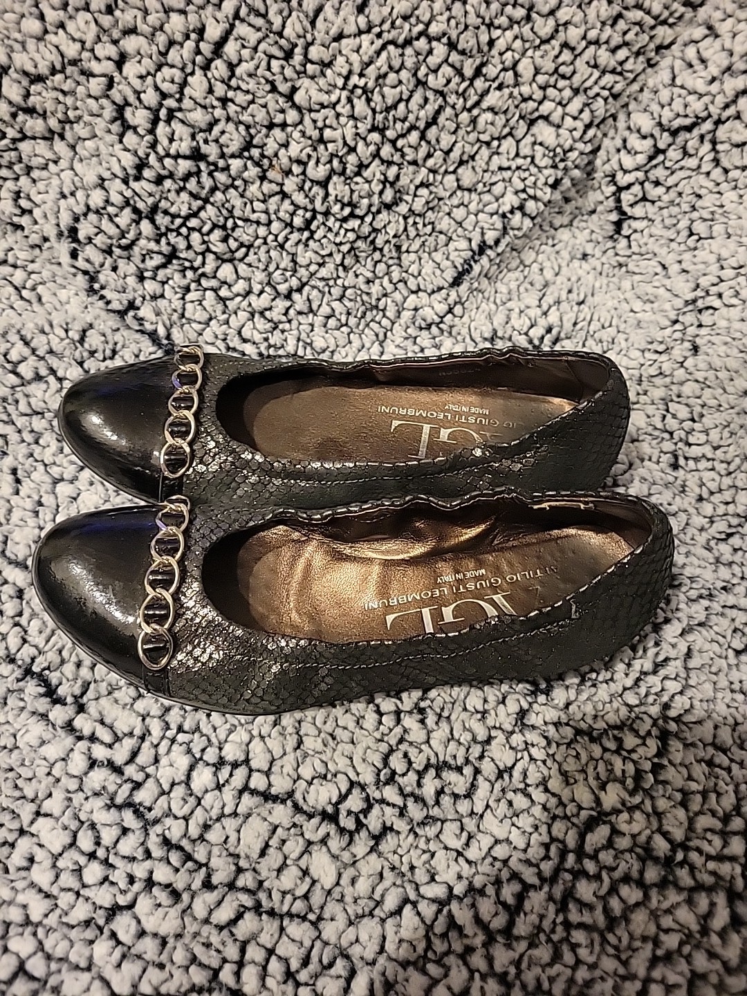 AGTL Attilio Giusti Leombruni Black Leather Ballet Flats Chain Toe Size 36 USA 6