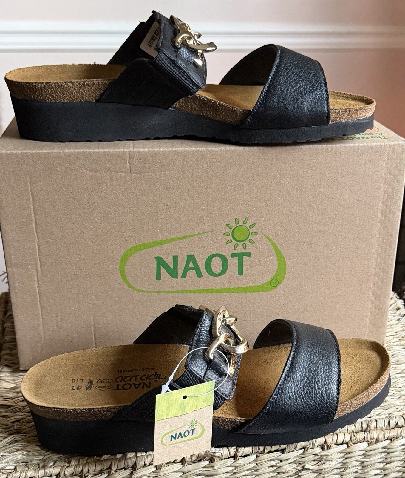 NAOT Victoria Womens Sandals EU 41 US 10-10.5 Black Leather Wedge Heels NIB