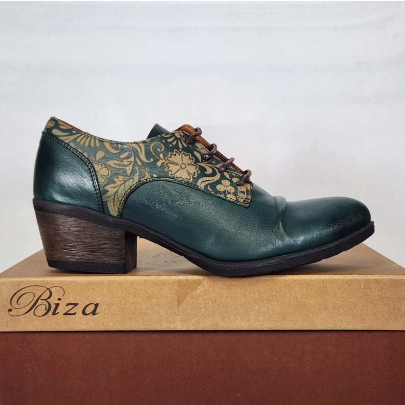 Vintage Style Antique Biza Valor Short Heel Oxford Bootie Green Leather Size 7