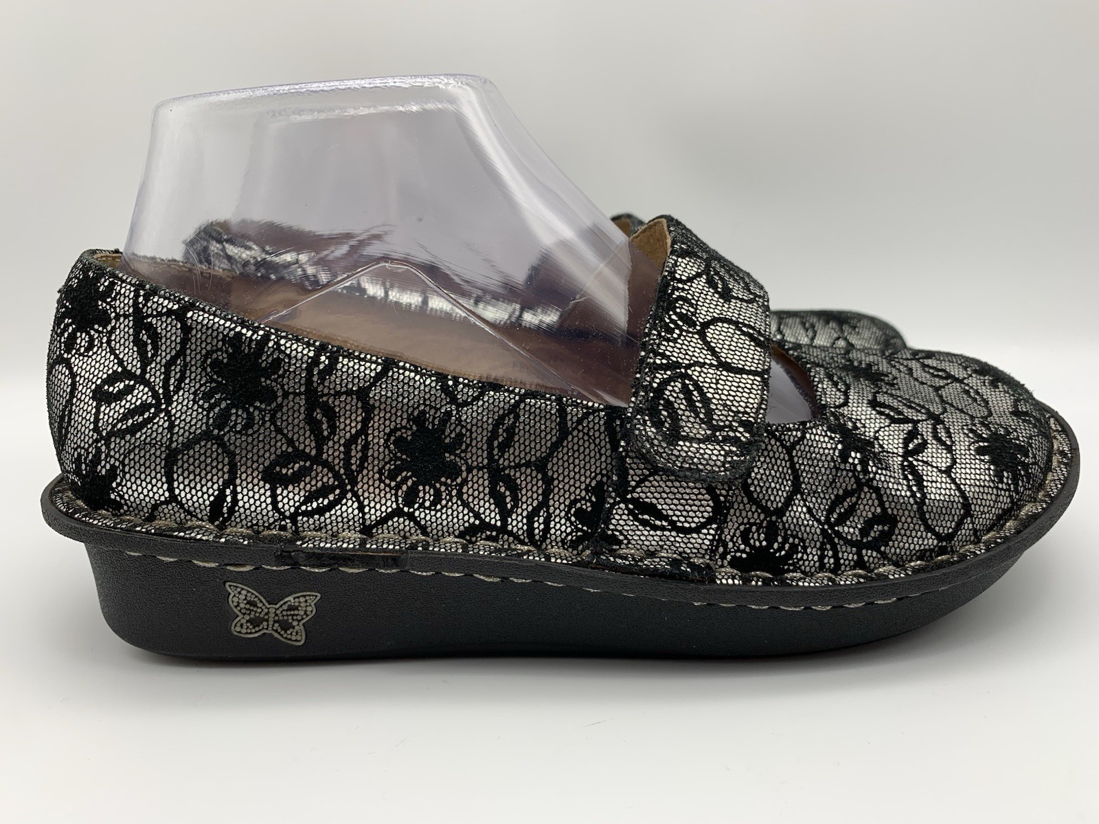 Alegria Women’s US 6/6.5 EU 36 Paloma Black Silver Floral Lace Mary Jane Shoes