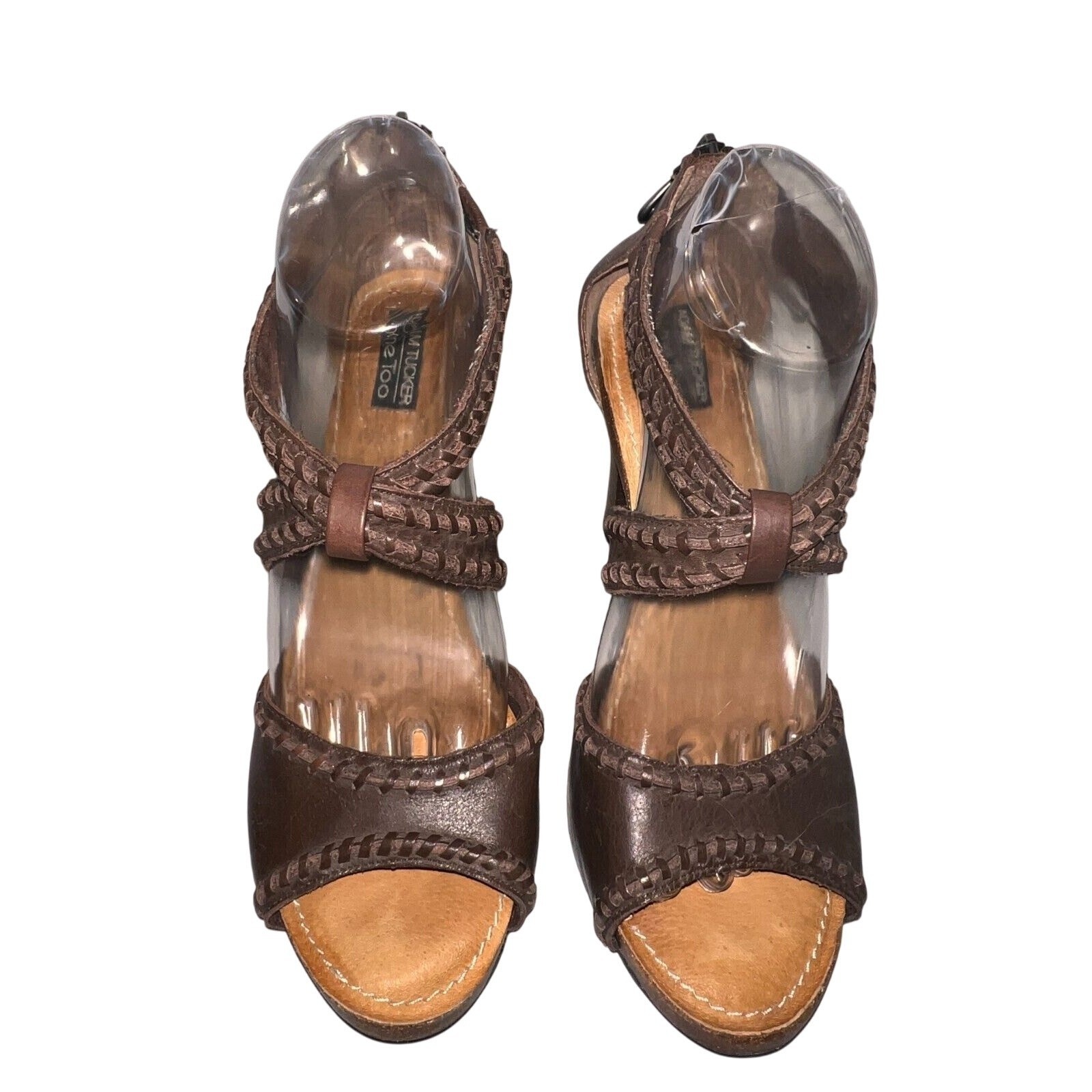 Adam Tucker Me Too Brown Leather Woven Whipstitch Ankle Strap Heels Size 9.5M