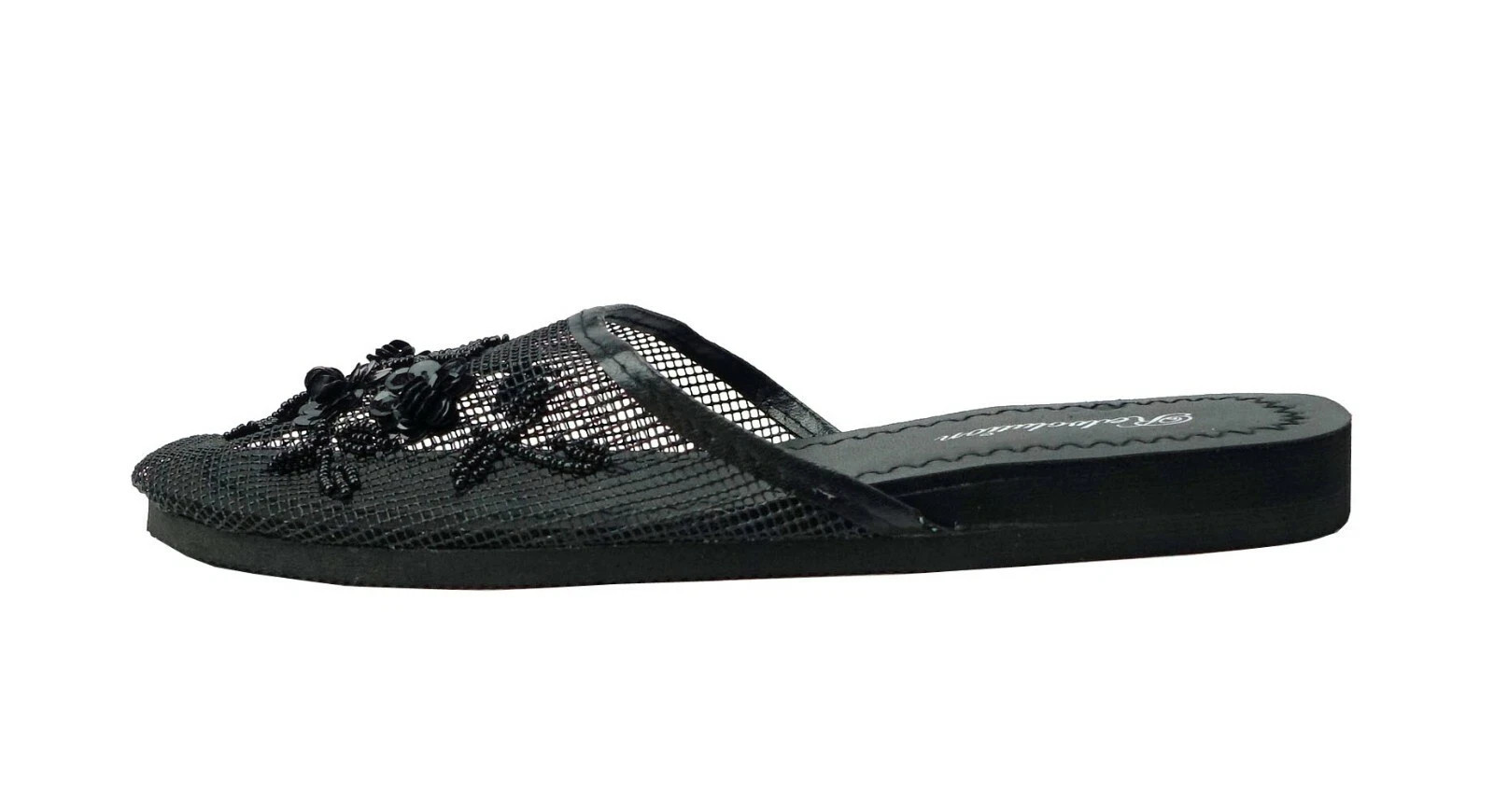 Women’s Floral Beaded Mesh Chinese Slippers – Stylish Breathable Sandals Black