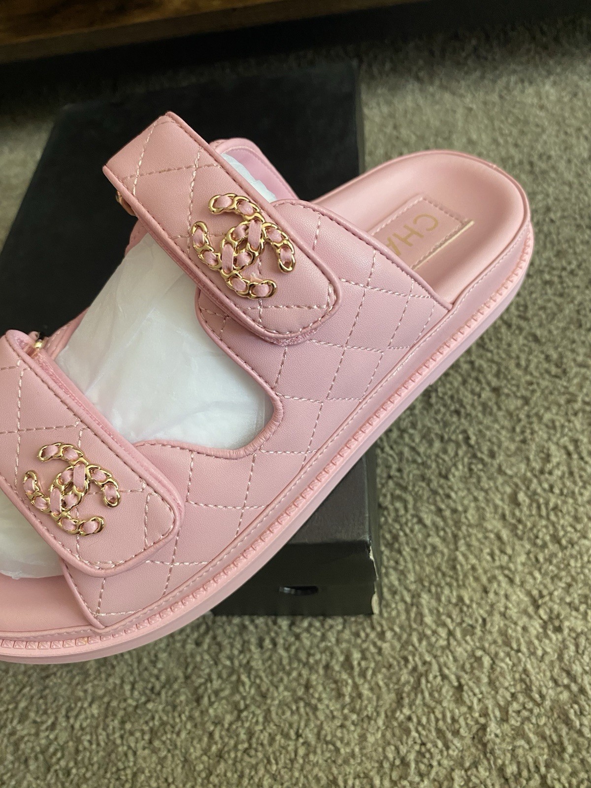 CHANEL Pink Quilted Logo Leather Slide Sandals Womens US 8 EU 39