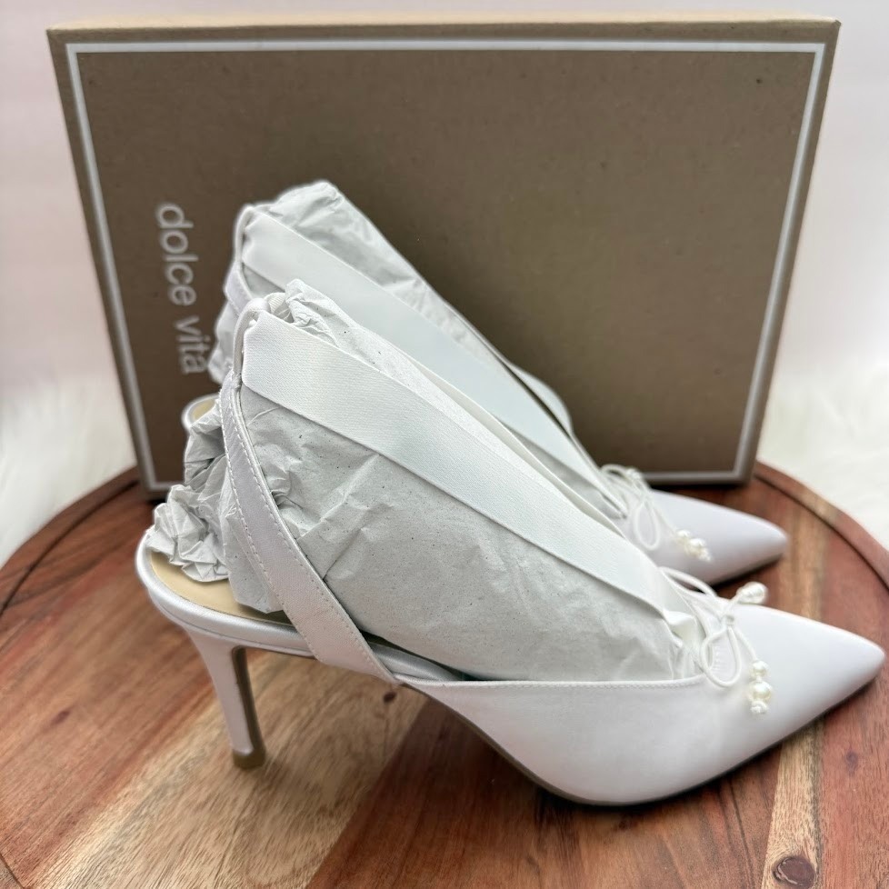 Dolce Vita Efora True White Satin Pearl Bow Ankle Tie Bridal Pumps Heels 7.5