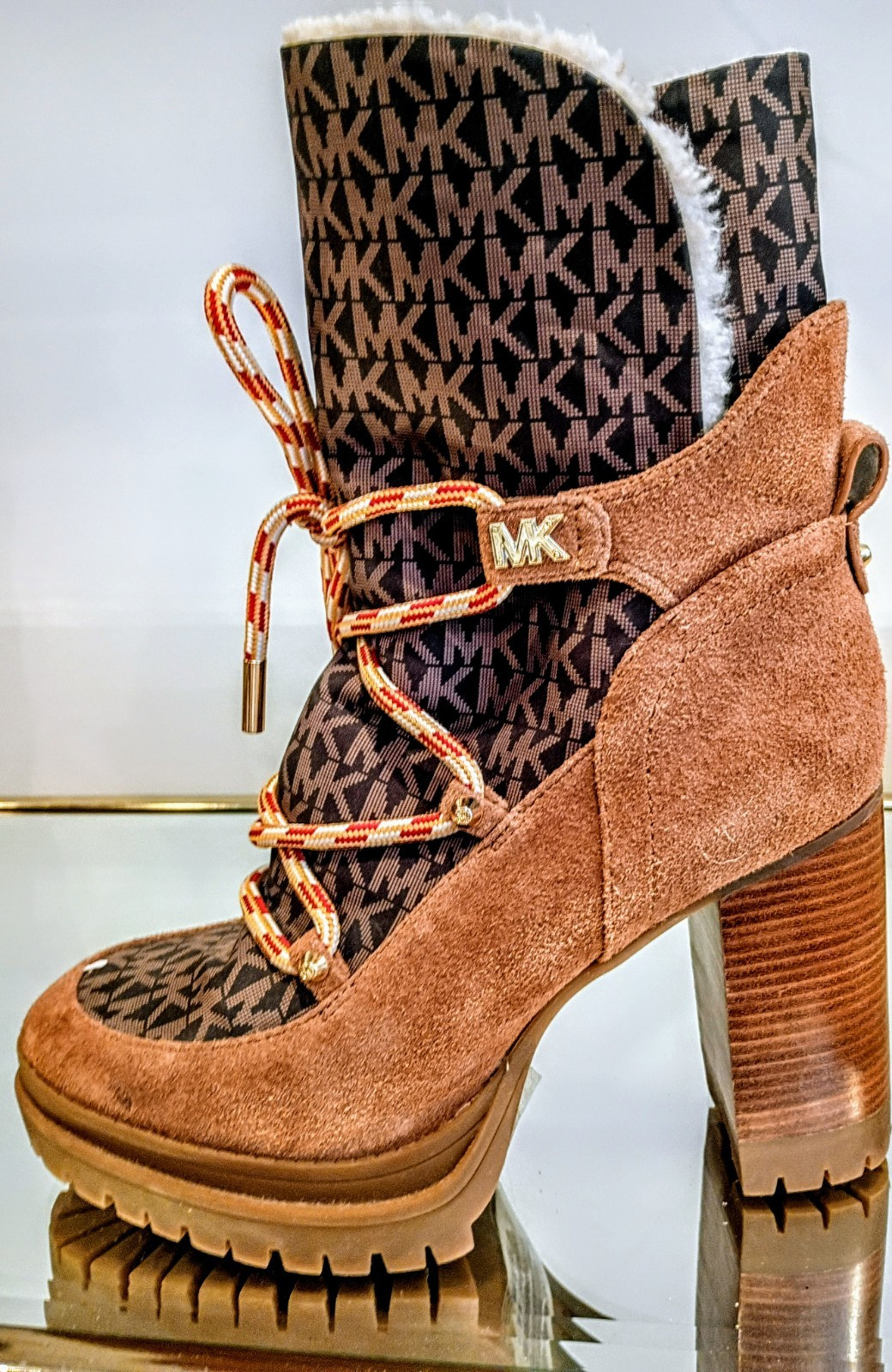 Michael Kors Women’s Brown Suede Logo Lace Up Block Heel Ankle Bootie 7.5