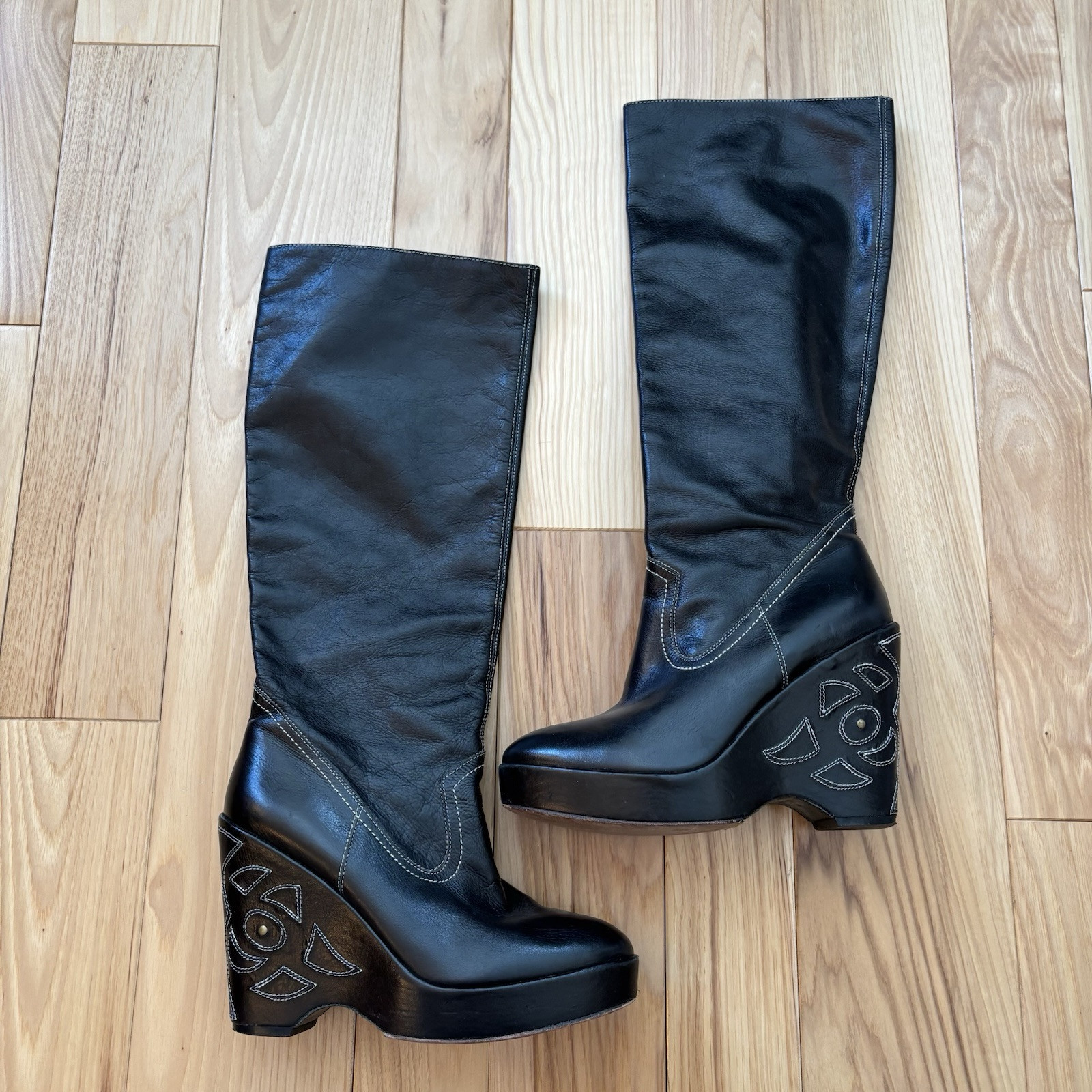 Vintage Y2K Kenneth Cole Performing Art Black Leather Wedge Platform Tall Boots