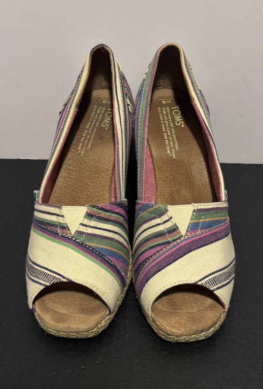 TOMS Wedge Mid (2-2.9 in) Heel W8 Espadrille Striped Multicolor Canvas Sandals